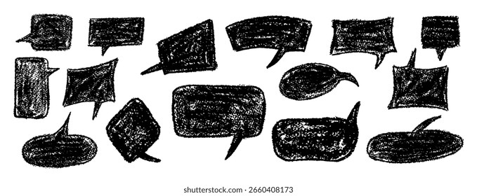 Vector set of quirky black speech bubbles and clouds on white bg. Wax and charcoal squiggle style on blackboard background, perfect for school or kindergarten collage or fun monochrome designs.