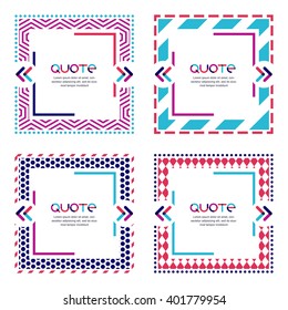 Vector set of quote forms and frames with geometric pattern. Multicolor trendy background. Blank colorful speech bubbles,  isolated on white. Business template for text information and print design.