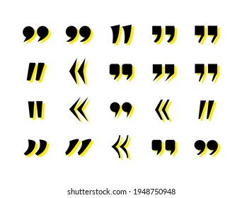 Vector set of quote marks, colorful black and yellow quotation signs isolated on white background, design elements set.