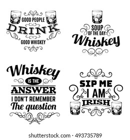 Vector set of quote typographical background about whiskey. Hand drawn sketch style illustration of glass with ice cube. Template for business card poster and banner.