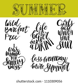 Vector set of quotes abour summer. Beautiful and unique summer hand lettering for mug, poster, card or t-shirt. Modern calligraphy. Vector illustration. Isolated