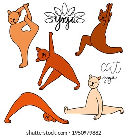 vector set of quotes who do yoga. colored doodles with cats.