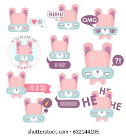 Vector set of rabbit emoticons. Animal collection.