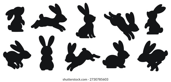 Vector set of rabbit silhouettes. Hare shapes in various poses. Black silhouettes of sitting, jumping, and running bunnies. For Easter and other design. Vector illustration.