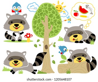 Vector set of raccoon cartoon with little friends in the woods