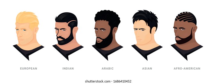 Vector set of race avatars. Collection of handsome men's heads on a white background. Types of common appearance. European, Indian, Arabic, Asian, and Afro. People in style realism.