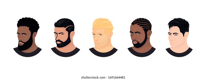 Vector set of race avatars. Collection of handsome men's heads on a white background. Types of common appearance. European, Indian, Arabic, Asian, and Afro. People in style realism. svg