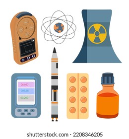 Vector set radiation pollution, dosimeter, nuclear threat, atom, iodine prevention, nuclear power plant. Isolated elements, teaching material