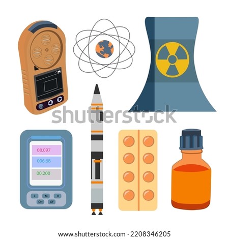 Vector set radiation pollution, dosimeter, nuclear threat, atom, iodine prevention, nuclear power plant. Isolated elements, teaching material