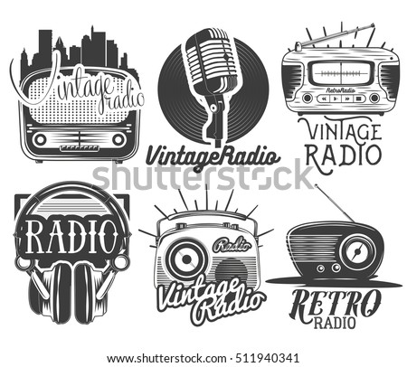 Vector set of radio and music labels in vintage style isolated on white background. Design elements and icons.