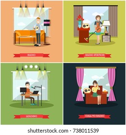 Vector set of radio station posters, banners. Radio, Radio station, Leading and Call to radio concept flat style design elements.