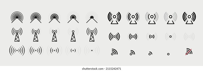 Vektorset von Funkturmsymbolen. Antennensymbol-Set. Vektorschwarze Wireless-Symbole