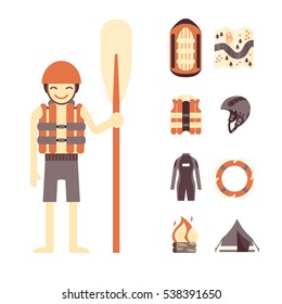 Vector set of rafting and camping icons - rafter with oar, raft, vest, round-buoy, map, camping fire, helmet, tent. On isolated background. Infographic elements. For web design, banners, flyers etc.