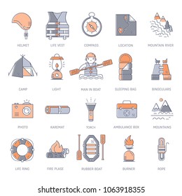 Vector set of Rafting equipment line icons isolated. Outdoors style, thin line design. Stylish elements for web, mobile applications, banners, flyers, posters, brochures. 
