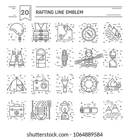 Vector set of Rafting equipment line icons isolated. Outdoors style, thin line design. Stylish elements for web, mobile applications, banners, flyers, posters, brochures. 