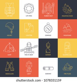 Vector set of Rafting equipment line icons isolated. Outdoors style, thin line design. Stylish elements for web, mobile applications, banners, flyers, posters, brochures. 