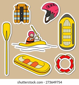 Vector set of rafting equipment - vest, life ring, rafts, camping fire, helmet. On isolated background.