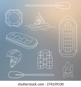 Vector set of rafting equipment - vest, ring-buoy, rafts, camping fire, helmet. paddles. On trendy blurred background.