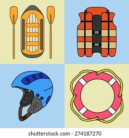 Vector set of rafting equipment - vest, ring-buoy, rafts,  helmet. On isolated background.