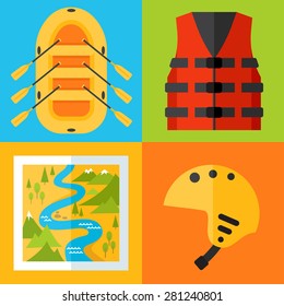 Vector set of rafting icons. Flat design style.