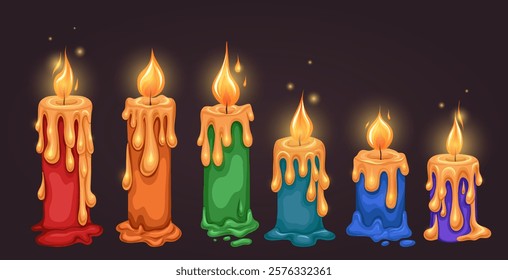 Vector set of rainbow burning candles on a dark background. Collection of colorful holiday candles for cards and mobile games.