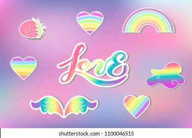 Vector set with Rainbow, cloud, heart, wings, strawberry, Love. Rainbow, clound, heart as patch, stick cake toppers, drink toppers, props for Rainbow, Unicorn party, Birthday, lgbt concept.
