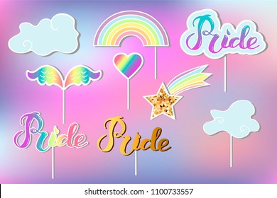 Vector con arco iris, nube, corazón, alas. Leyenda escrita a mano Orgullo. Arcoiris, clon, Orgullo como parche, bastones de tarta, tapones de bebida, plástico de corte láser, accesorios para la fiesta arcoiris, concepto lgbt