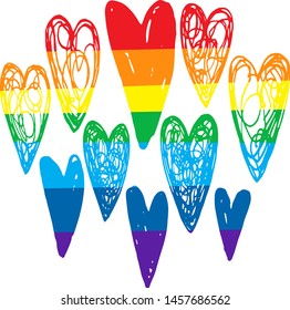 Vector set with rainbow colored simple hand drawn hearts. Multicolor. Romantic , love , wedding ,LGBT design