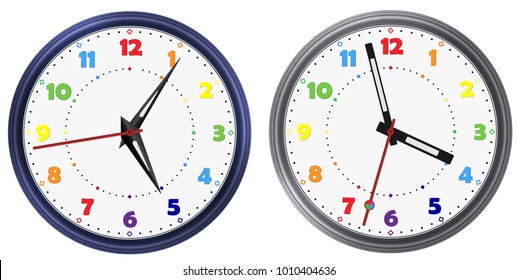 Vector set of Rainbow colors modern round clock with various clock hands. Rainbow colorful vector clock dial face. Vector clock arable numerals watch pointers. Modern vector watch image