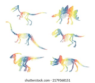 Vector set with rainbow dinosaur skeleton isolated on a white background.