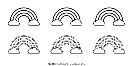 Vector set of rainbow icon. Clouds and rainbow icon set in line style. Rainbow icon set with black line. Ranbow icons outline. Vector illustration.