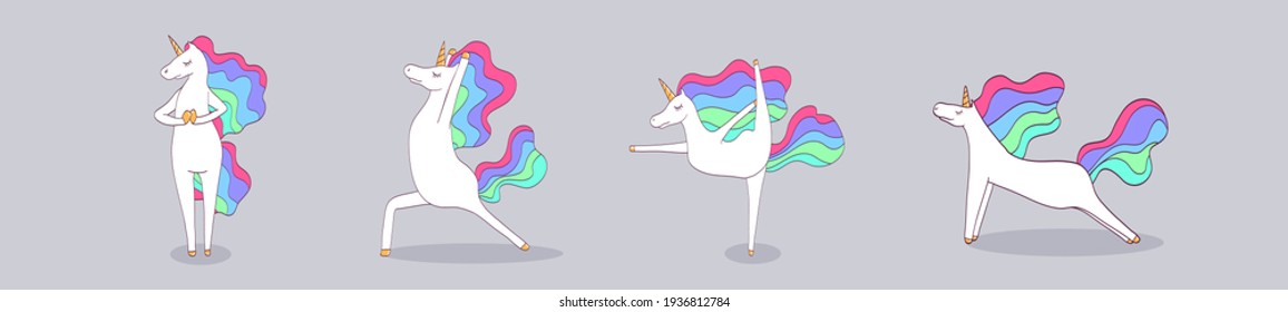 Vector set with rainbow unicorn doing exercise. Funny yoga illustration with healthy and happy horse with horse and mane.