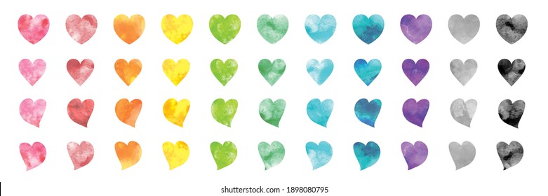 Conjunto vectorial de formas de corazón acuarela arcoíris. 