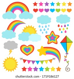 Vector set of rainbow weather graphic elements. Rainbow themed clip art. Vector illustrations. Bright colorful flat design. Cute bunting & kite, other rainbow decorations isolated on white background.