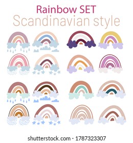 conjunto vectorial de arcos en el estilo escandinavo con nubes, gotas de lluvia en colores pastel multicolores.