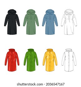 Vector Set Of Raincoat Illustrations. Cartoon And Sketch Images.