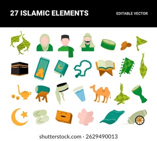 Conjunto vetorial de elementos Ramadã e Eid Adha ilustração com lanternas minaretes da mesquita lua crescente ketupat contas de oração e decorações islâmicas para cartões de saudação.