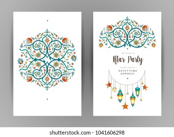 Vector set with Ramadan Kareem cards, invitation to Iftar party celebration. Lanterns for Ramadan wishing. Arabic shining lamps. Cards for Muslim feast of the holy of Ramadan month. Eastern style.
