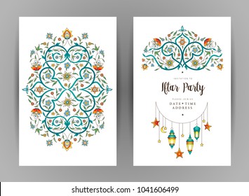 Vector set with Ramadan Kareem cards, invitation to Iftar party celebration. Lanterns for Ramadan wishing. Arabic shining lamps. Cards for Muslim feast of the holy of Ramadan month. Eastern style.