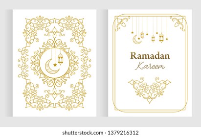 Vector set with Ramadan Kareem cards, invitation. Vector card in islamic style,  lace ornament, border,  ramadan greeting, element for wedding decoration.