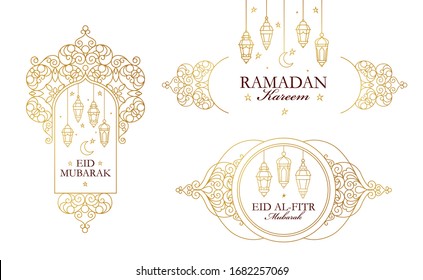 Vector set Ramadan Kareem, Eid Mubarak, Eid al-Fitr Mubarak greeting card. Ramadan wishing. Arabic lanterns, crescent. Gold emblem in Eastern style. Islamic background. Muslim feast of Ramadan month.