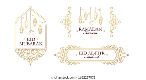 Vector set Ramadan Kareem, Eid Mubarak, Eid al-Fitr Mubarak greeting card. Ramadan wishing. Arabic lanterns, crescent. Gold emblem in Eastern style. Islamic background. Muslim feast of Ramadan month.