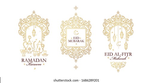 Vector set Ramadan Kareem, Eid Mubarak, Eid al-Fitr Mubarak greeting card. Ramadan wishing. Arabic lanterns, crescent. Gold emblem in Eastern style. Islamic background. Muslim feast of Ramadan month.