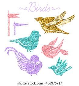 Vector. Set of random birds with glitter isolated on white background.