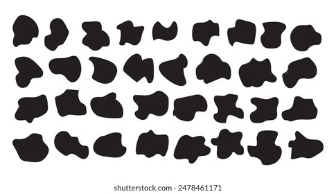 Vector conjunto de gotas negras de forma aleatoria. Elementos abstractos de mancha de tinta, líquido y silueta. forma, gotas, orgánico, Vector, irregular, circular, forma, aleatorio.