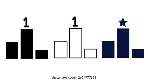 Vector set of ranking podium icons showing first place with numbers and star symbols in solid, outline, and flat styles, isolated on white background for achievement and competition themes