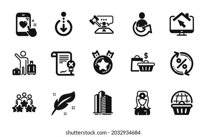 Vector set of Ranking star, Reject certificate and Feather icons simple set. Judge hammer, Share and Sale bags icons. Work home, Loan percent and Scroll down signs. Vector
