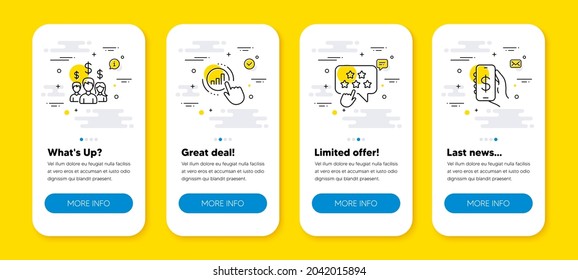 Vector set of Ranking star, Salary employees and Graph chart line icons set. UI phone app screens with line icons. Money app icon. Click rank, People earnings, Get report. Smartphone cash. Vector