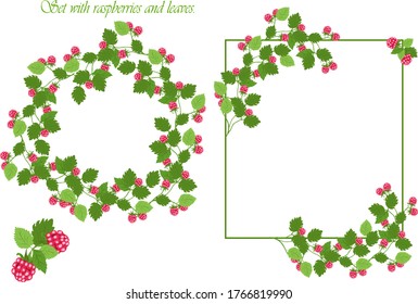 Vector set with raspberries and leaves. Frame with raspberries and leaves.