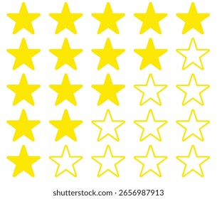 Un conjunto de Vectores de estrellas de calificación que van de 0 a 5 estrellas, diseñado en un estilo plano amarillo simple.